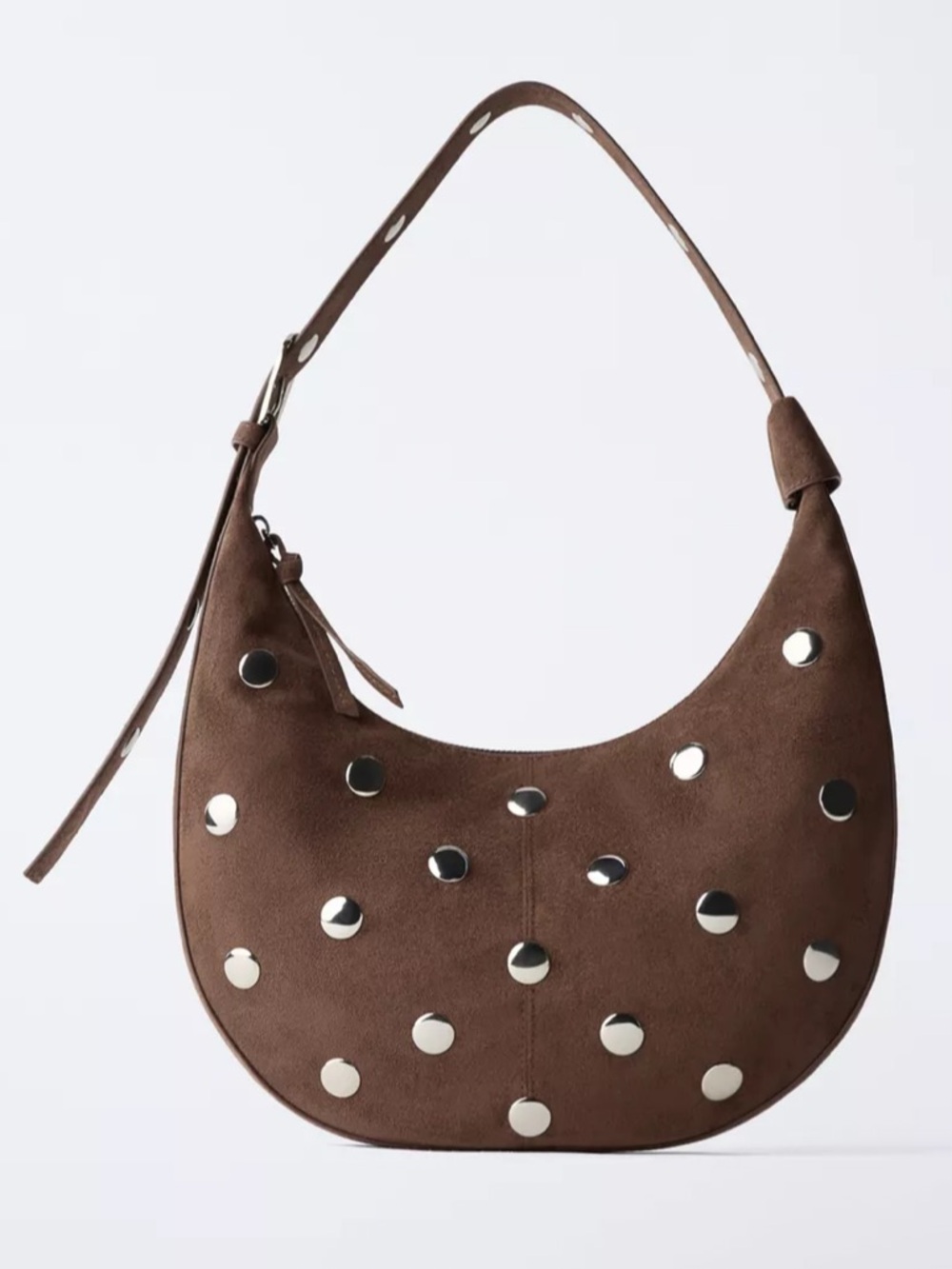 Zara Brown Suede Shoulder Bag with Silver Studs